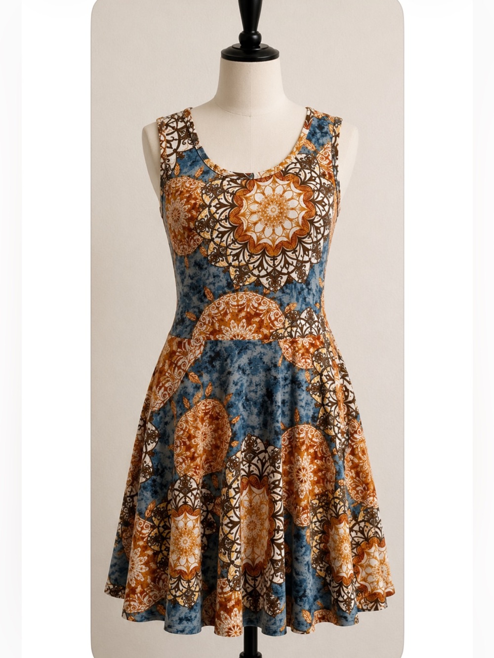 LuLaRoe Sleeveless Midi Dress in Blue Brown and Gold Medallion Print Size L